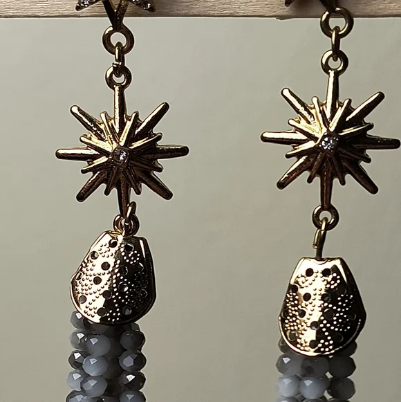 Gold Star Tassel Earrings with Gray Glass Beaded Strands - Picture 3 of 13
